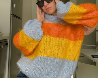 Bunt gestreifter Pullover, Häkelpullover, Handgestrickter warmer Pullover, Oversize-Pullover, Unisex, mehrfarbiger Pullover