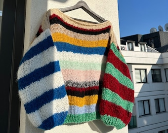 Hand-Knitted Cotton Mohair Sweater: Colorful Stripes, Oversized Fit