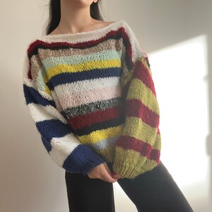 Colorful Striped Sweater, Crochet Sweater, Hand Knitted Warm Sweater, Oversize Sweater, Unisex Sweater, Multi Colored Sweater