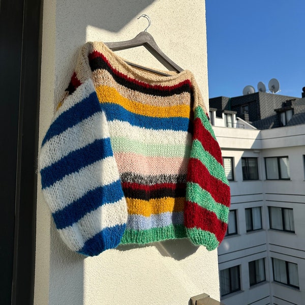 Hand-Knitted Striped Mohair Sweater: Colorful Oversized Unisex Fit