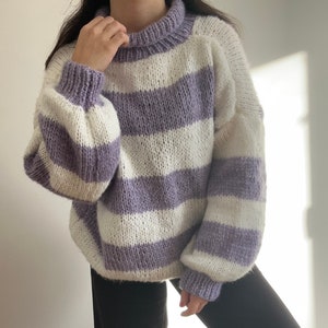 Hand-Knitted Purple Striped Sweater: Oversized Cotton Mohair Blend