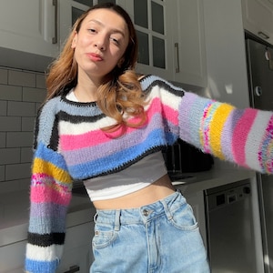 Colorful Crochet Crop Top: Handmade Vintage Style Long Sleeve Blouse
