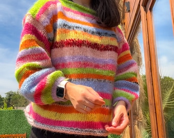 Hand-Knitted Colorful Striped Mohair Sweater: Oversized Unisex Fit