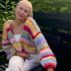 Hand-Knitted Cotton Mohair Cardigan: Colorful Striped Oversized Sweater