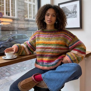 Pull rayé en coton et mohair tricoté à la main : coupe unisexe oversize, pull Sunset