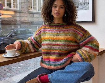 Pull rayé en coton et mohair tricoté à la main : coupe unisexe oversize, pull Sunset