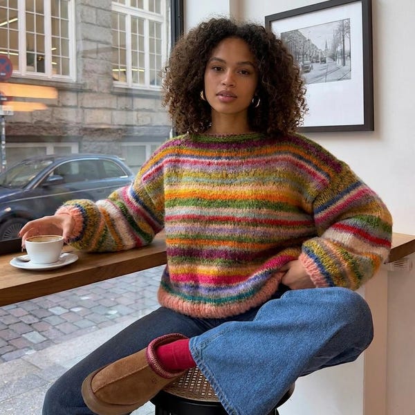 Hand-Knitted Cotton Mohair Striped Sweater: Oversized Unisex Fit, Sunset Sweater