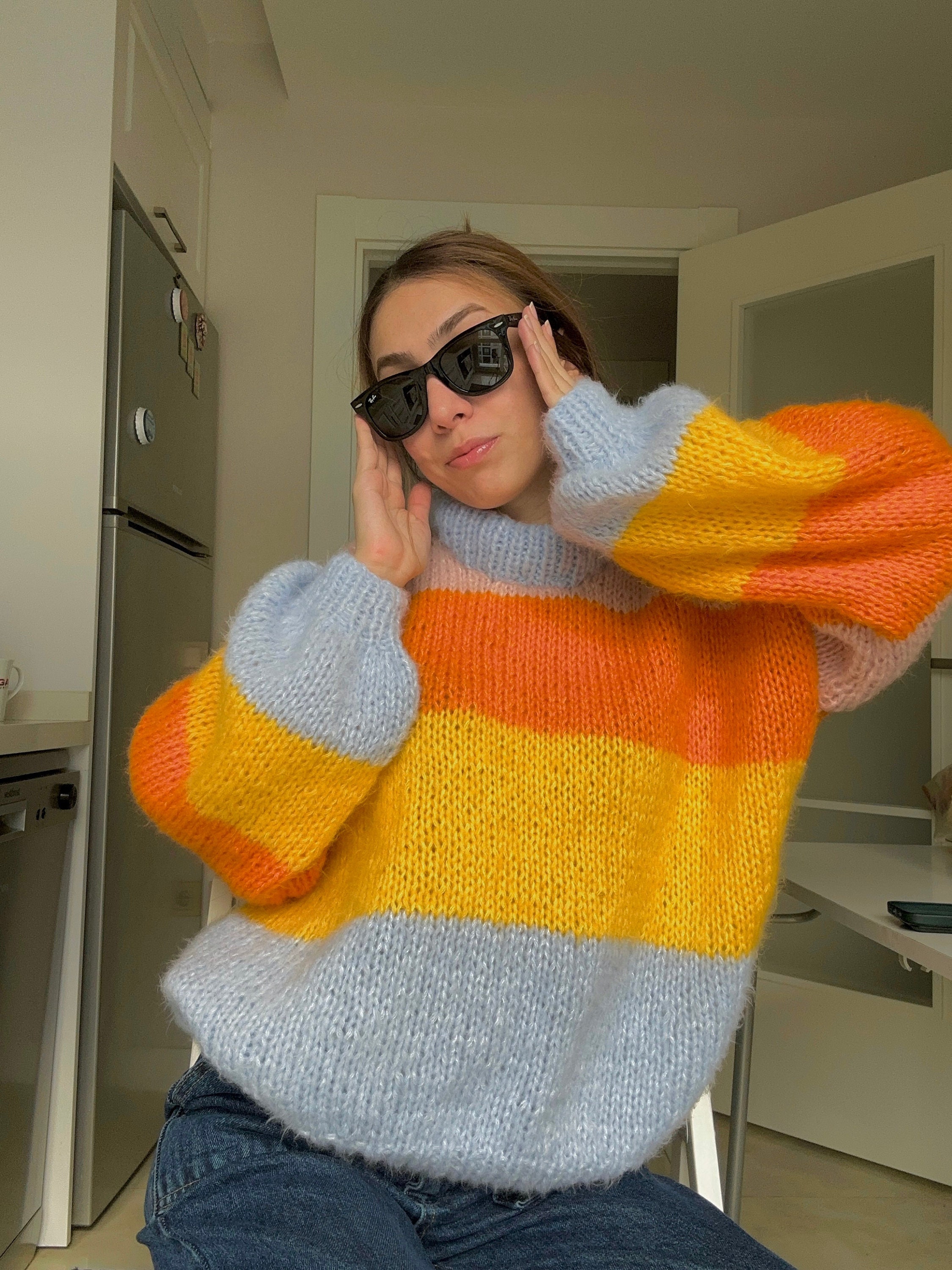 Hand-knitted Colorful Striped Mohair Sweater: Oversized Unisex Fit