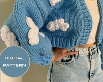 Cloud Knit Cardigan Pattern, Chunky Cloud pattern, Chunky Cardigan Pattern, Balloon Sleeves Cardigan Pattern, Blue Cloud Cardigan Patttern