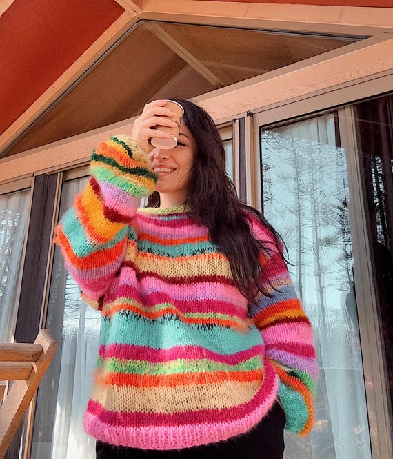 Hand-knitted Colorful Striped Sweater: Cotton Mohair Blend