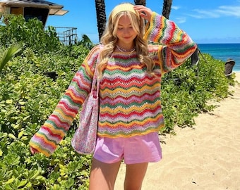 Crochet Cotton Sweater: Colorful Striped Knitwear