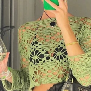 Crochet Long Sleeve Crop Top: Handmade Vintage Style Blouse