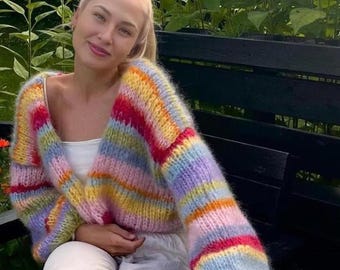 Hand-Knitted Cotton Mohair Cardigan: Colorful Striped Oversized Sweater