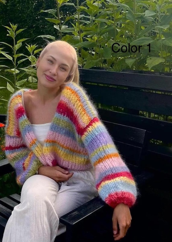 Mohair Cardigan Long Rainbow Cardigan Thick Colorful Cardigan