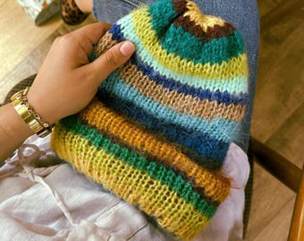 Scrap Yarn Knit Beanie: Colorful Mohair Blend, Eco-Friendly Chunky Hat