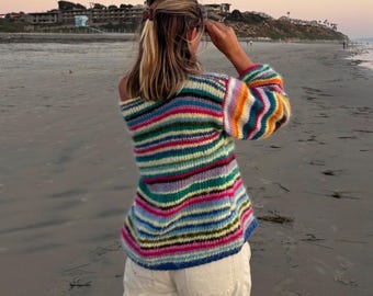 Hand-Knitted Colorful Striped Sweater: Oversized Cotton Mohair Blend, Moonlight Sweater