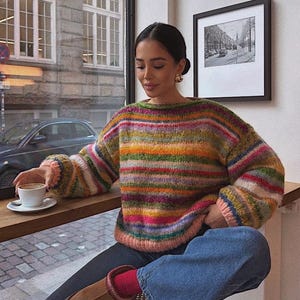 Hand-Knitted Cotton Mohair Striped Sweater: Oversized Unisex Fit, Sunset Sweater