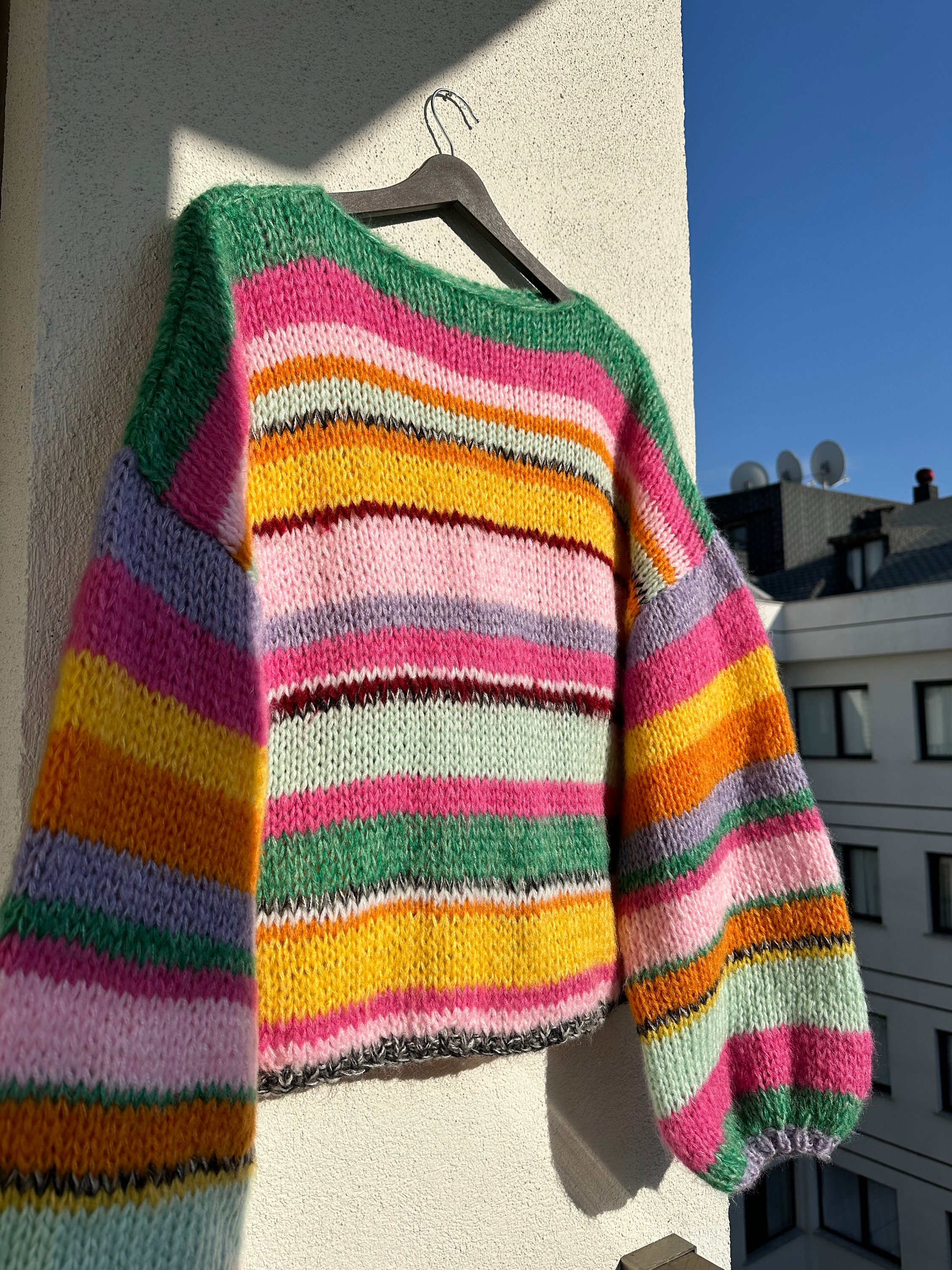 Hand-knitted Cotton Mohair Sweater: Colorful Stripes, Oversized