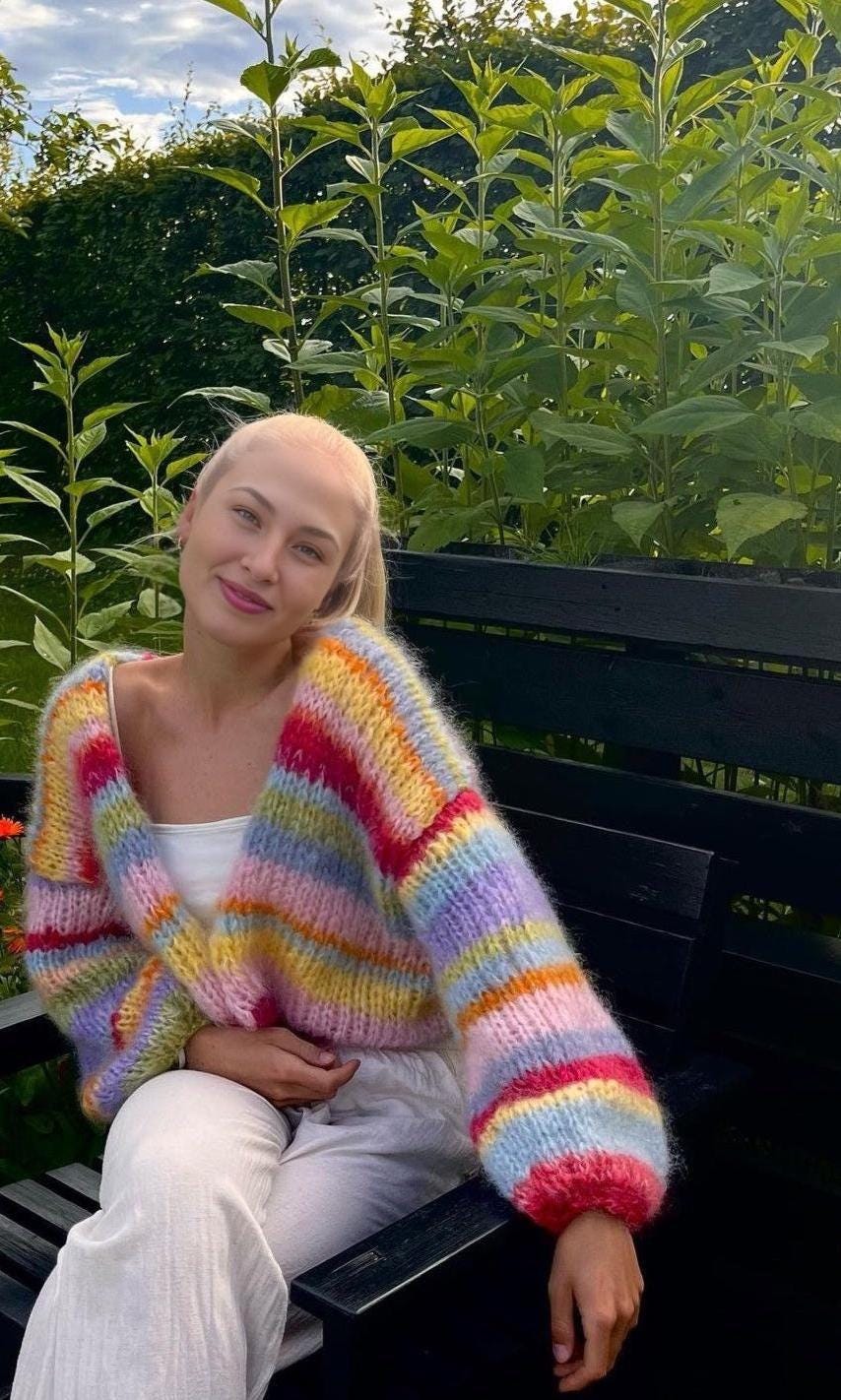 Colorful Striped Sweater, Crochet Cardigan, Hand Knitted Warm Cardigan, Oversize cardigan, Unisex cardigan, Multi Colored cardigan