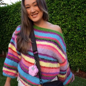 Hand-Knitted Mohair Blend Sweater: Colorful Striped Oversized Unisex Fit, Candy Sweater