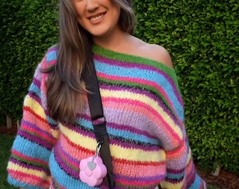 Hand-Knitted Mohair Blend Sweater: Colorful Striped Oversized Unisex Fit, Candy Sweater