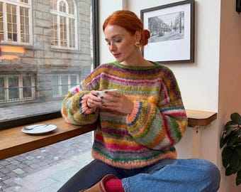 Handgestrickter Baumwoll Mohair Gestreifter Pullover: Übergroßer Unisex Fit, Sunset Pullover