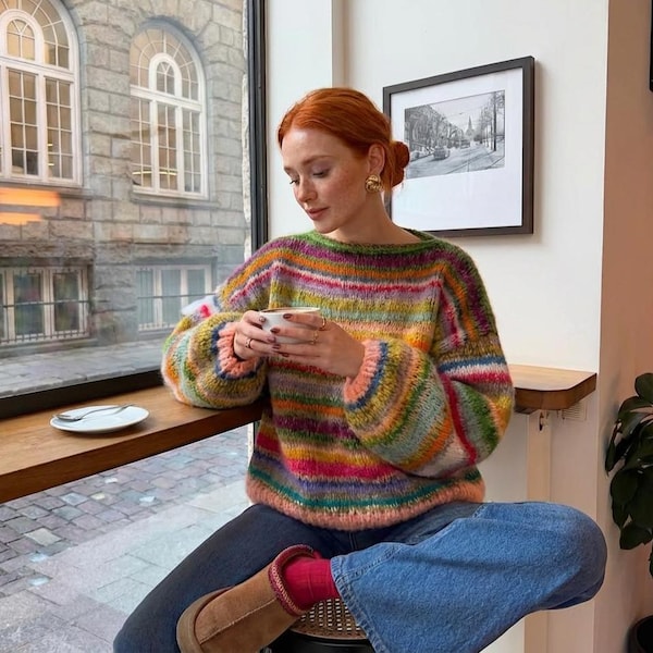 Hand-Knitted Cotton Mohair Striped Sweater: Oversized Unisex Fit, Sunset Sweater
