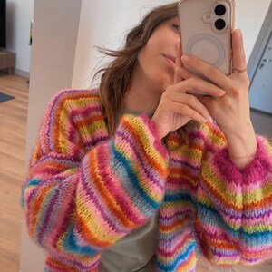 Hand-Knitted Cotton Mohair Cardigan: Colorful Striped Oversized Sweater image 10