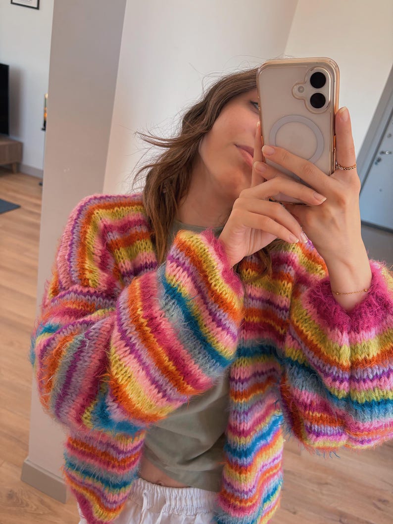 Hand-Knitted Cotton Mohair Cardigan: Colorful Striped Oversized Sweater image 10