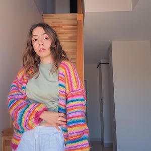 Hand-Knitted Cotton Mohair Cardigan: Colorful Striped Oversized Sweater image 5