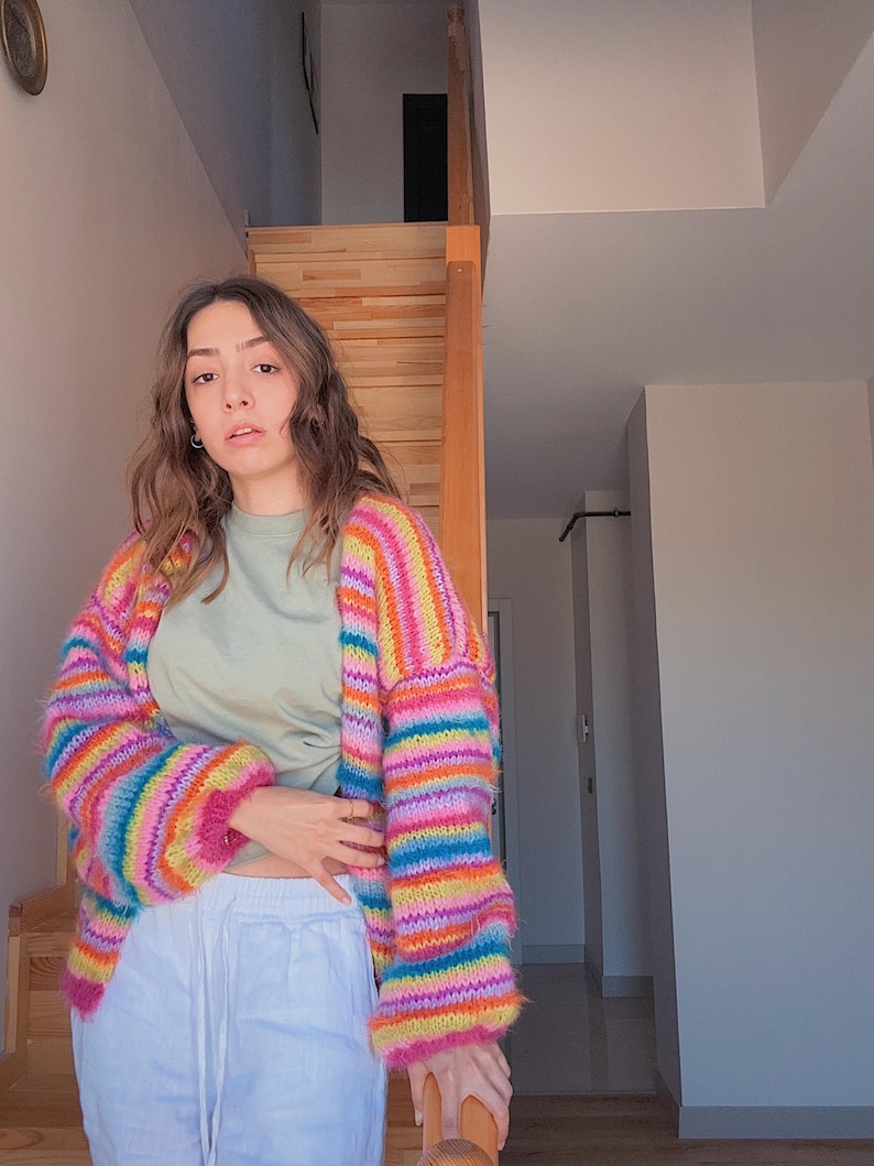 Hand-Knitted Cotton Mohair Cardigan: Colorful Striped Oversized Sweater image 5