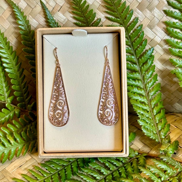 Boxed Rose Gold Long Drop Koru Earrings - New Zealand Inspired Jewellery - Kiwiana Jewellery - New Zealand Gift Jewellery - NZ Gifts -  Koru