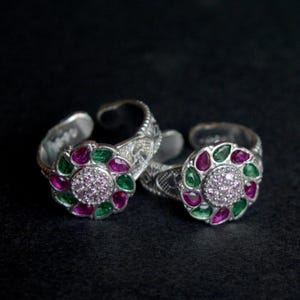 925 Sterling Silver Toe Rings, Adjustable Bichiya Pair, Ruby Emerald Floral Design, Indian Bridal Foot Jewelry, Gift for Her
