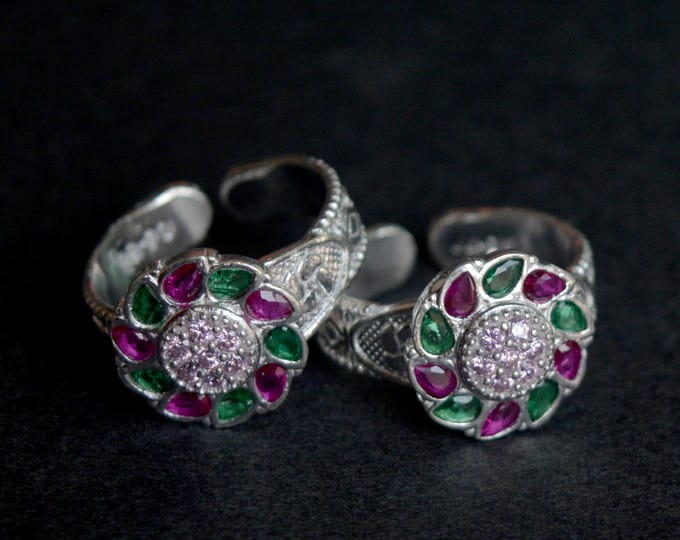 925 Sterling Silver Floral Toe Rings, Ruby Emerald CZ Bichiya Pair, Adjustable Indian Bridal Toe Rings, Wedding Jewelry for Women