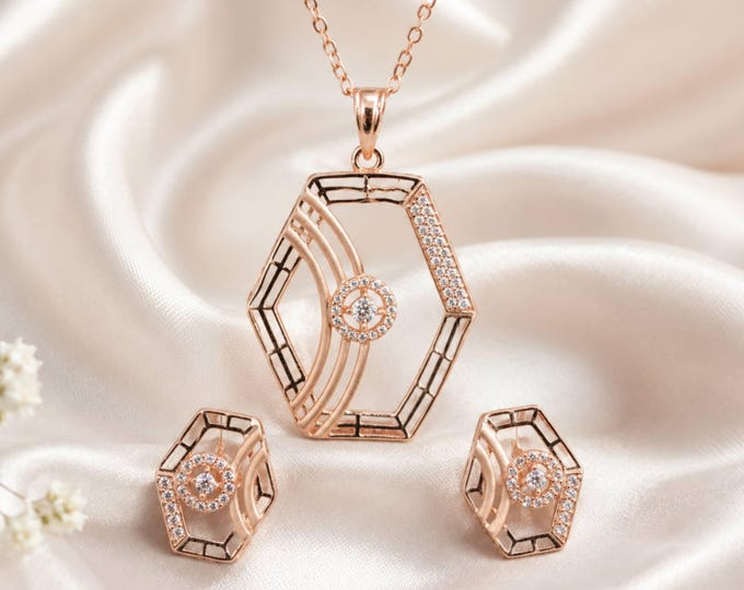 925 Sterling Silver Hollmarked Geometric Pendant Necklace & Stud Earrings Set, Rose Gold CZ Hexagon Jewelry Set, Gift for Women