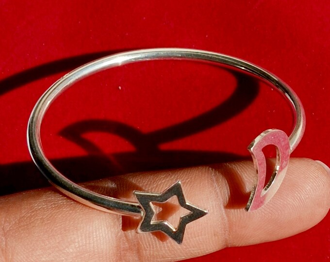 Sterling Silver Star Moon Bangle: Celestial Jewelry Gift