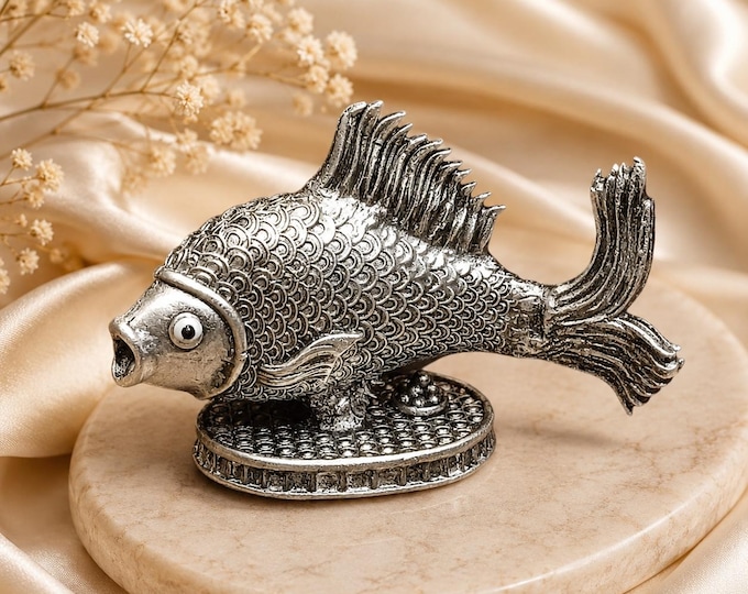 925 Sterling Silver Fish Idol, Lord Vishnu Matsya Avatar Murti, Hallmarked Silver Fish for Pooja, Home Mandir & Religious Gift