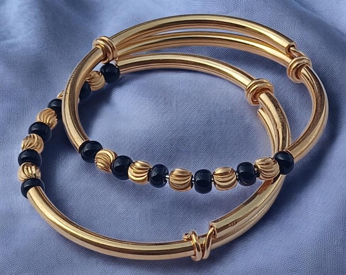 925 Sterling Silver Baby Nazariya Bangle, Gold Plated Black Bead Bracelet, Newborn Baby Jewelry