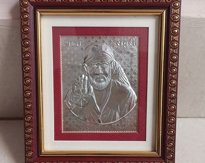 Pure Silver Sai Baba Photo Frame | Handmade Silver Idol with Wooden Frame for Pooja, Home Décor & Gifting