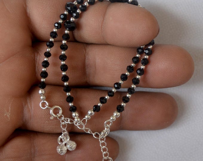 925 Sterling Silver Black Bead Anklet, Adjustable Nazariya Payal, 10 Inch Indian Black Beaded Anklet for Women