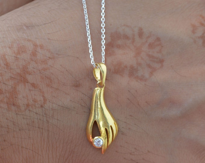 Gold Plated Hand Zircon Pendant: 925 Sterling Silver Necklace
