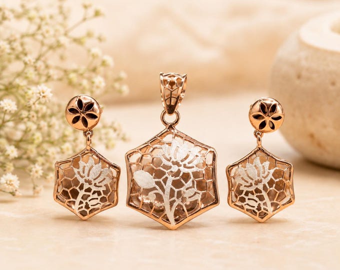 Elegant Two Tone Flower Jewelry Set, Rose Gold Pendant and Dangle Earrings, Elegant Sterling Silver Gift for Women