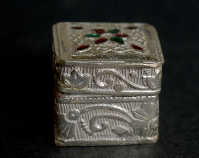 925 Sterling Silver Square Meena Kumkum Box, Carved Enamel Sindoor Dani, Mini Puja Container, Indian Wedding Gift