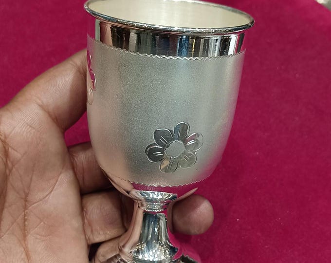 925 Sterling Silver Wine Goblet, Handmade Floral Silver Cup, Traditional Indian Luxury Tableware, Wedding Anniversary Gift, 90 Gram