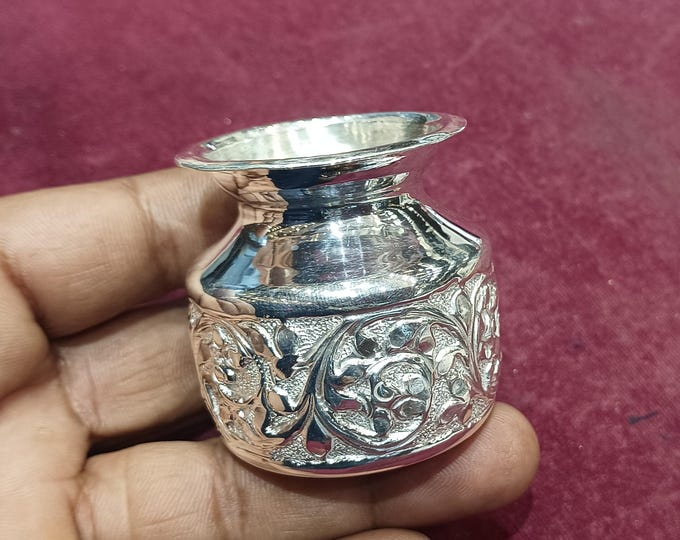 925 Sterling Silver Kalash Lota, 55g Small Puja Lota, Handmade Silver Pooja Vessel for Home Mandir, Wedding Housewarming Gift