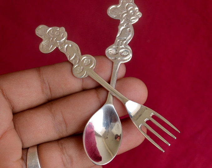 Pure Silver Mickey Mouse Baby Fork and Spoon Set - 925 BIS Hallmarked