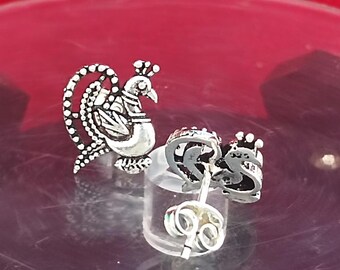 Pendientes de pavo real de plata de ley oxidada: Joyería étnica india