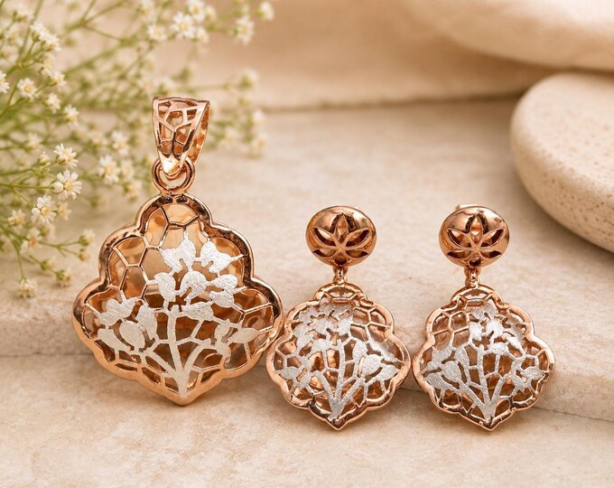 Two Tone Flower Jewelry Set, Rose Gold Pendant and Dangle Earrings, Elegant Sterling Silver Gift for Women