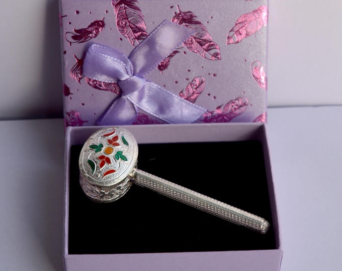 925 Sterling Silver Baby Rattle, Handmade Silver Jhunjhuna with Bells, Owl Shape, Newborn Baby Gift