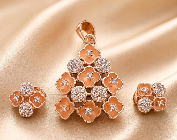 Rose Gold Sterling Silver Floral Jewelry Set, Flower Pendant Necklace & Dangle Earrings, Two Tone Botanical Gift for Women